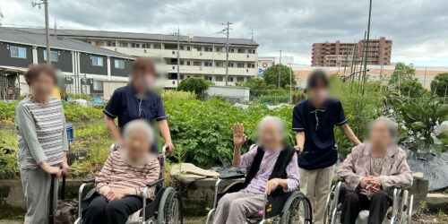 介護施設の入居者が庭でレクリエーション活動を行っている様子